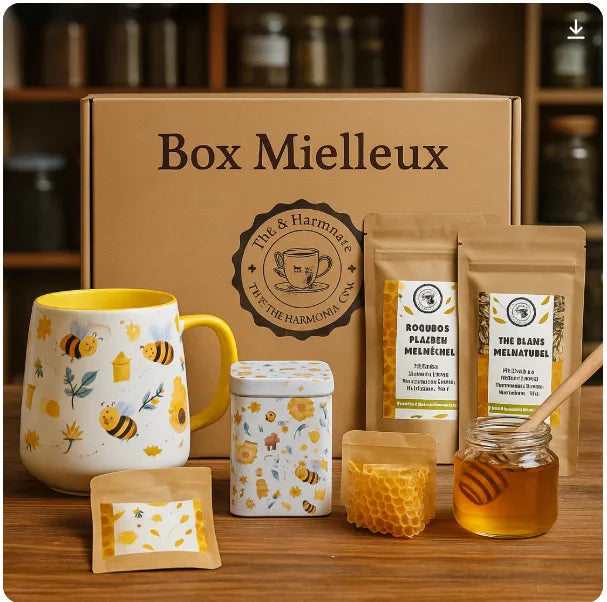 Coffret Box Mielleux de Thé & Harmonie contenant une tasse illustrée d’abeilles, une boîte à thé assortie, deux sachets de thé au miel, un pot de miel, une alvéole et des accessoires, le tout présenté sur fond en bois naturel.