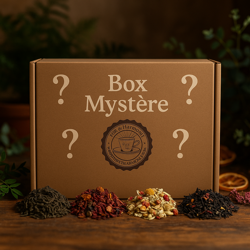 Boîte kraft estampillée "Box Mystère" de Thé & Harmonie, entourée de mélanges de thé en vrac, tisanes et infusions colorées, posée sur une table en bois.