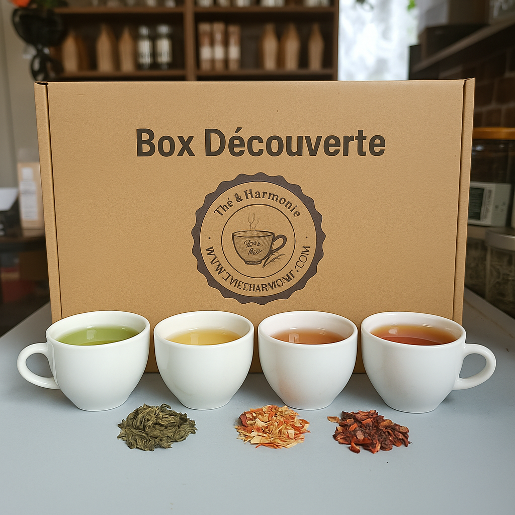Boîte kraft "Box Découverte" signée Thé & Harmonie, accompagnée de quatre tasses contenant du thé vert, du thé blanc, une tisane et une infusion fruitée, posées devant la boîte avec leurs ingrédients en vrac.