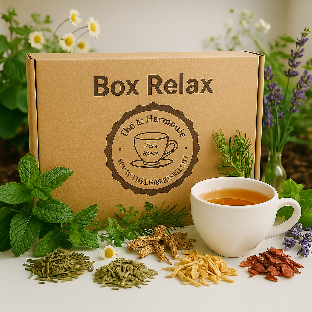 Boîte kraft étiquetée "Box Relax" signée Thé & Harmonie, entourée de tisanes, fleurs séchées et plantes apaisantes, pour une ambiance naturelle et relaxante.